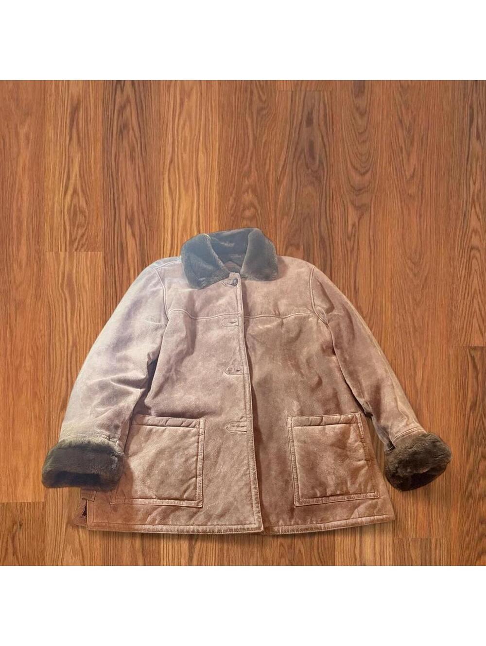 Dennis Basso Genuine Brown Leather Jacket Fur Trim Trimmed Size L